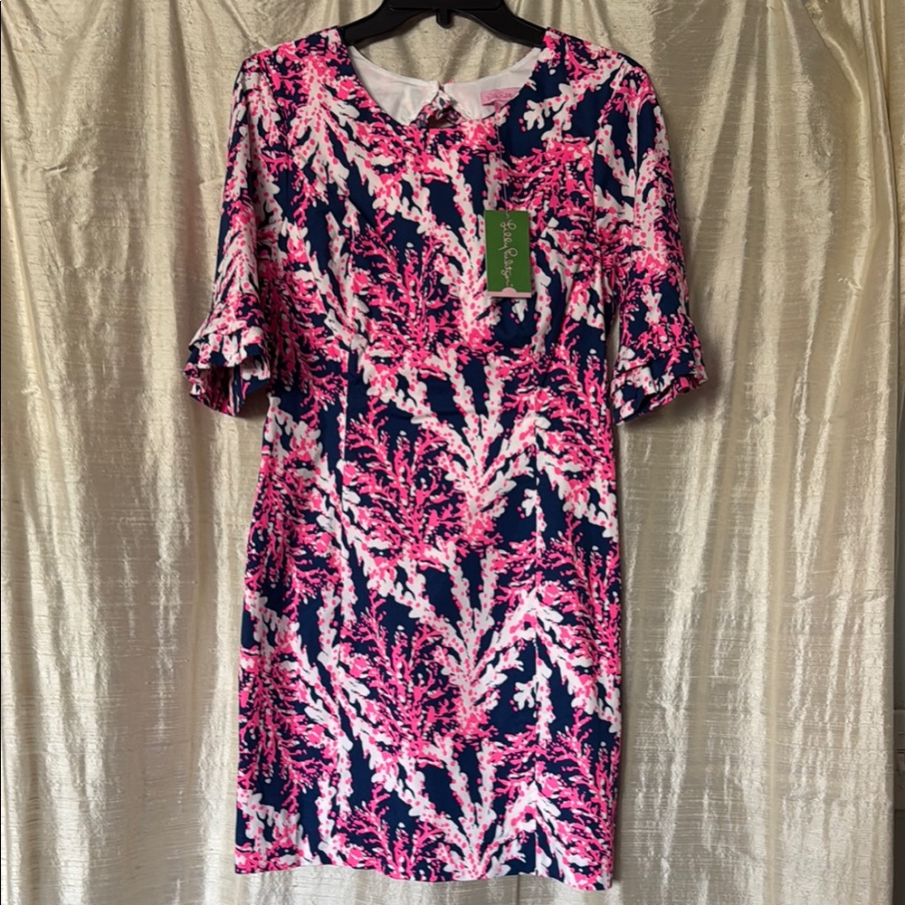 Pink and Blue Leaf Print Dress